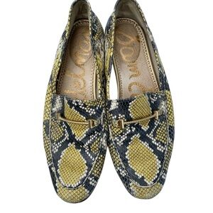 Sam Edelman mustard yellow and black Snake Print Loafers with gold hardware